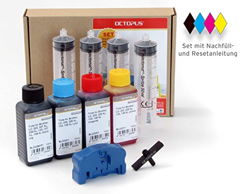 Komplettset mit Refilltool, Chipresetter und 4 x 100ml Nachfülltinte, Druckertinte für Brother LC-223, LC-225, LC-227, LC-229 Tintenpatronen für Brother DCP-J 4120, MFC-J 4420, J 4425, J 4620, J 4625, J 5320, J 5600, J 5620, J 5625, J 5720 Drucker, kein OEM - 2