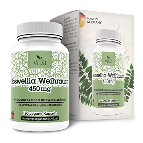 Incenso Boswellia Serrata 450mg di VITA1  120 capsule (fornitura per 2 mesi)  Senza glutine, vegano, kosher e halal  Fatto in Germania