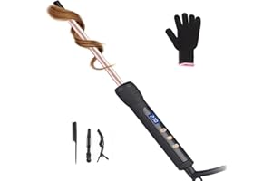 JAETON Curling Wand 9MM, Thin Curling Iron, Tight Curls LCD Display 100-230°C for All Hair Types, Tourmaline Ceramic Barrel 30-Second Heat-Up, Long&Short Hair Culer Pro Curling Tongs (Gold)