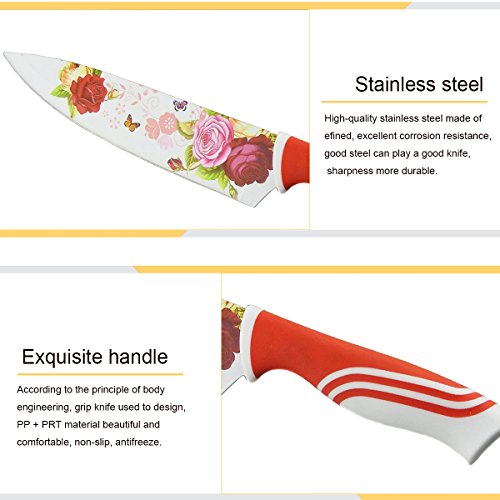 Edelstahl 5 Stück Messer Set mit Messer-Box, Kissal Küchenmesser mit schönen gedruckten Blumen Kreatives Leben Wonderful Kitchen – Rot - 5