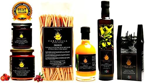 Caravella Gourmet Gift Set "The Heaven of Taste": Caravella Premium Espresso Veneziano Ground Coffee Italian Blend 250 gr + Italian Extra Virgin Olive Oil Organic Peranzana 500 ml + Camerun Mango Fruit Vinegar 20 ml + Italian RED WINE FETTUCCINE Organic Pasta 500 gr + "Puttanesca" Tomato, Olives&amp;Capers Pasta Sauce 300 gr + Chocolate &amp; Raspberry Gourmet Spread 215ml + Caravella Elegance Gift Bag, Gourmet Fine Foods directly from Venice - Perfect Gift for any occasion!