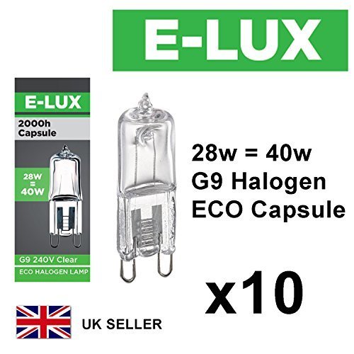 Pack of 10 x g9 28w=40w branded 240v dimmable 370 lumen c rated safety fused eco halogen clear bulbs lamps capsules
