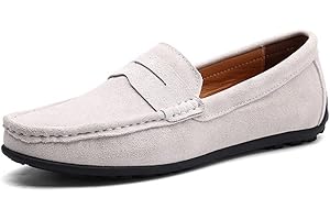 MUYIN Driving Moccasins for Men Genuine Leather Round Toe Stitching Details Suede Vamp Rubber Sole Penny Loafer Lightweight Resistant Flexible Anti-Slip