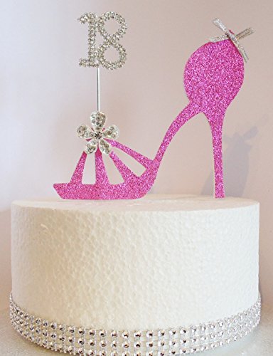 18. Hot Pink Geburtstag Kuchen Dekoration. Schuh Design mit Strass Kristall Zahl Alter 18 (nicht essbar)