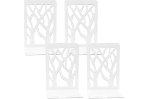 HZSOOCH 2 Pairs Bookends Heavy Duty, Decorative Metal Book End Holder, Book Ends for Shelves, Anti Slip Book Stopper for for Home Office Library School (White, Tree Style)