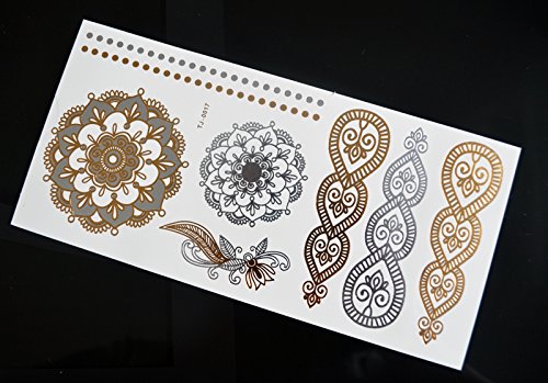 10 Bögen Set Metallic Tattoo Flash Tattoo Aufkleber Einmal Tattoo Gold und Silber Schmuck Tattoos Viele Schöne Motive - 7