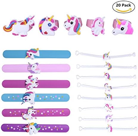 TuoOh 6pcs Unicorn Silicone Slap Bracelet Novelty Wristbands Toy, 6pcs Rubber Unicorn Finger Ring, and 8pcs White Unicorn Bracelet Rubber Wristband Toy Set Party Favors Supplies, 20 Pack in 3 Style