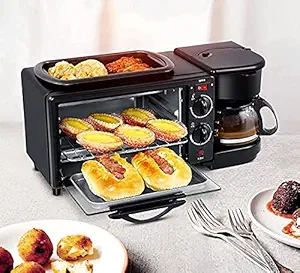 Trench 3-in-1 Multifunctional Electric Breakfast Station Family Size Nonstick Griddle Toaster Oven Coffeemaker (Black, 1Pcs)