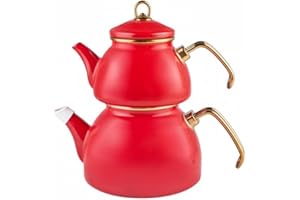 Karaca Juego de tetera esmaltada retro, titanio, infusor de té de 1,1 L a 1,1 kg, olla de agua de 2,3 L - 5 libras, color rojo, apto para inducción, tetera de té, hervidor de agua turco, tetera