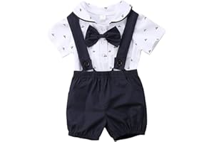 Dazzerake 2 Pezzi Completi per Neonato Tutina da Gentiluomini Estivi Pagliaccetto Camicia a Maniche Corte con Papillon + Salopette Pantaloncini con Bretelle 0-24 Mesi