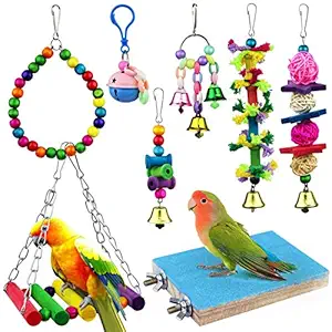 AK KYC 8 Pack Bird Parrot Toys Swing Chewing Hanging Bell Cage Hammock Toy for Small Parakeets Cockatiels Conures Parrots Love Birds Finches