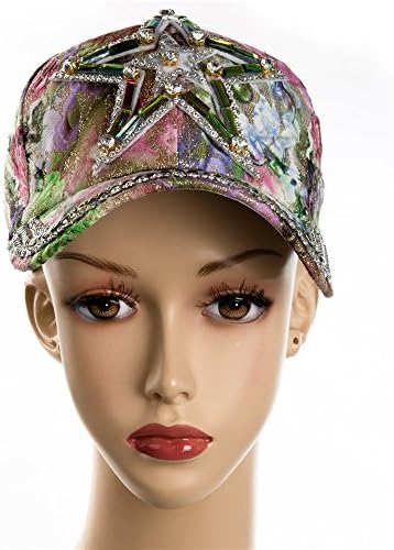Ibepro® Ladies Novelty Fashion Hat Cap Multi Colored Flower Pattern Jewel Crystal Bling Rhinestone Casual Cap Sparkle Glitter Studded Rhinestone Adjustable Baseball Cap Hat-Various Styles(9)