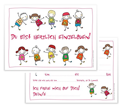 12 lustige Einladungskarten Kindergeburtstag schön illustriert fröhliche tanzende Kinder Strichmännchen Geburtstagseinladungen Einladungen Geburtstag Jungen Mädchen Einladungstext Vorlagen Karten Set - 6