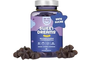 BE SO HAPPY Mélatonine Gummies, 60 Jours, avec de la Valériane, de la Passiflore, de la Camomille, de la Lavande et de la Vitamine B6 Goût de myrtille, Vegan. BeSoHappy