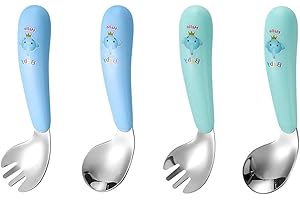 JOYOLA 4 Pezzi Posate per Bambini, Bambini Posate in Acciaio Inox Forchetta da Cucchiaio Baby Set Set di Posate per Bambini Cucchiai Bambino Curvo per Imparare a Mangiare in Modo Indipendente