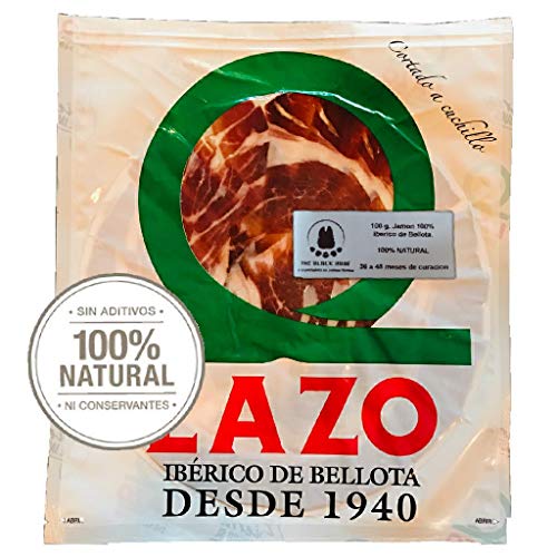 Jamon 100% Iberico de Bellota PATA NEGRA Cortado a Mano - 100 gramos Jamon Bellota Loncheado 100% NATURAL, Sin Conservantes Ni Aditivos - Jamon 100% Iberico Bellota Cortado a Cuchillo