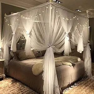 Divayanshi 4 Corners Post Canopy Bed Curtain - Royal Luxurious Cozy Drape Netting - 3 Opening Mosquito Net - Cute Princess Bedroom Decoration Accessories (86