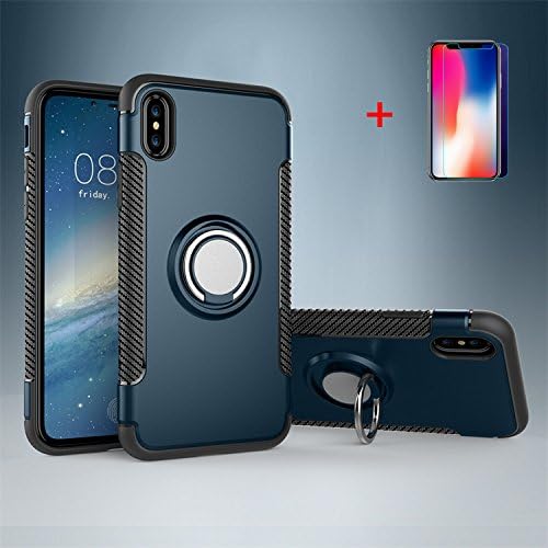 iPhone X case, Hard PC + Carbon Fiber Hybrid Back Cover Skin For apple iPhone x, with Ring Holder, and HD Tempered Glass Screen Protector(blue for iphone x)