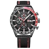 Mini Focus Herren Multifunktions Chronograph Sportkalender Armbanduhr mit Lederband Schwarz Rot