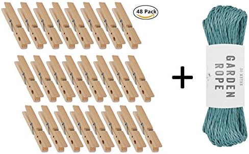 Strong Waterproof Polypropylene Garden Rope Green 30m + Durable Wooden Clothes Pegs 48 Pack - Aywav ® (Pegs + 30m Green Rope)