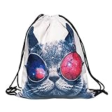 ocona© Galaxy Cat Turnbeutel Katze Animalprint Sportbeutel Rucksack Gymsack Jutetasche Stringbag Hipster Sack Umhängetasche, weiß