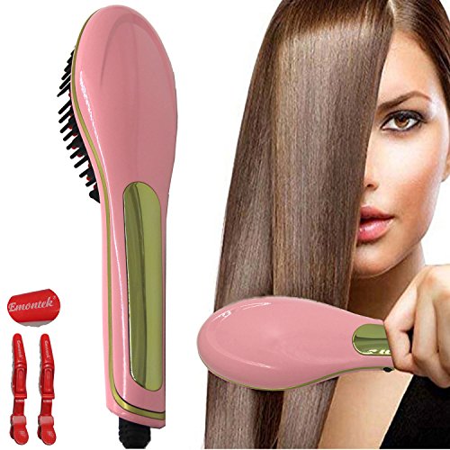Straighter Comb,Emontek® Hair Straightening Brush,Electric Hot Hair Brush LCD Ion Brush Auto Straight Tool,Anti-Scald Massager,Electric Comb Hair Straightening Irons (UK Plug) (Pink)