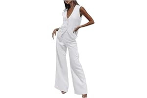 KBOPLEMQ Gilet e pantaloni da donna con scollo a V, set da 2 pezzi, elegante, scollo a V, senza maniche, blazer e pantaloni, 2 pezzi, in lino