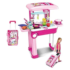 Rubela2 in1 Little Chef Trolley Kitchen Play Toy Set for Girls with Music & Light for Kids, Pink