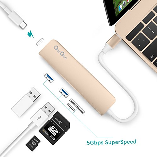 Type C Hub EgoIggo GN22A USB C Adapter USB C Kabel auf 2 Superspeed USB 3.0 Ports, 1 USB C Port mit PD, 1 SD Kartenleser und 1 MicroSD Kartenleser Aluminium Gehäuse geeignet für MacBook, MacBook Pro, Google Chromebook, Huawei Matebook (Gold) - 3