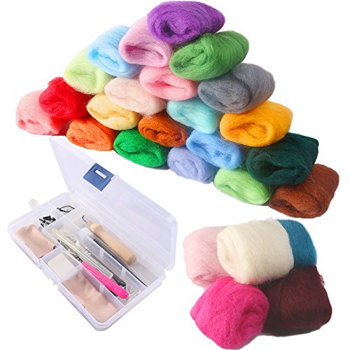 SINBLUE Kit de feutrage à aiguilles pour débutants en laine de laine de laine de laine Kit rotatif pour bricolage avec 36 couleurs de laine de feutrage - 8 aiguilles de feutrage, 12 boules noires