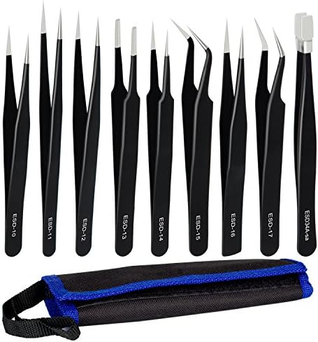 OLRICK 9pcs ESD Tweezers Set, Precision Anti-Static Stainless Steel Tweezers Kits Set Tweezer Maintenance Tools Sets for Laboratory Work Electronics Jewelry-Making Hobbies, in Rolling Package
