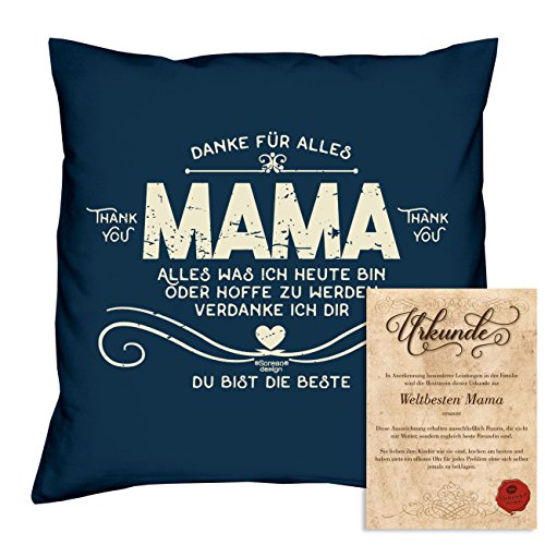 Kissen inkl. Füllung und Urkunde : Danke Mama :: Persönliches und bleibendes Geschenk zum Muttertag : Geschenkidee Muttertagsgeschenk 40×40 Farbe: navy-blau - 5