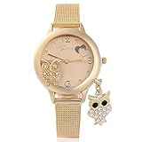 Souarts Damen Armbanduhr mit Eule Anhänger Einfach Mesh Metallarmband Casual Analoge Quarz Uhr Gold Farbe