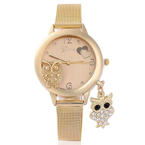 Souarts Damen Armbanduhr mit Eule Anhänger Einfach Mesh Metallarmband Casual Analoge Quarz Uhr Gold Farbe