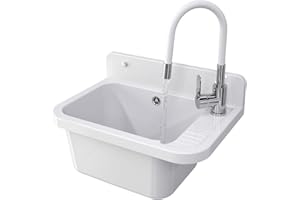 Granitan Ausgussbecken für Garage Keller Werkstatt und Waschküche - Universal Waschtrog mit Siphon - Waschbecken Wandmontage - 50x34x31 cm (Weiß + Waschtischarmatur FLEX)