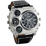 JewelryWe Herren Armbanduhr, Leder Legierung, Analog Quarz Kompass Thermometer Armband Uhr, Schwarz Leder Armband mit Schwarz Zifferblatt