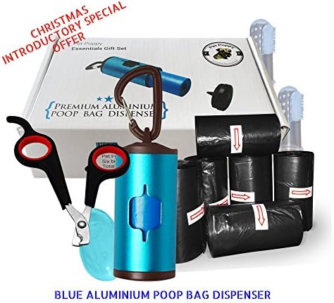 Pet Poppy Dog Essentials Gift Set For Dog Owners - Premium Doggy Poop Bag Dispenser &amp; 7 Biodegradable Refill Rolls, Sharp Grooming Nail Scissors, Healthy &amp; Safe Finger Toothbrush For Dental Hygiene (Blue)