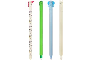 QRKPVHD Lot de 4 stylos gel effaçables, Thèmes animé, dinosaure, lapin, éléphant, boule sur les extrémités pour enlever l'encre, Rouge, vert, bleu, bleu, thermosensible, diamètre de la pointe 0,7 mm