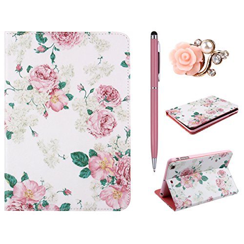 iPad mini 2 Lederhülle - Felfy Slim Full Body Elegant Schön Roses Muster PU Case Cover Etui Schutz Hülle Tasche für Apple ipad mini 3 mini 2 mini 1 + 1x Pink Blume Anti Stöpsel + 1x Rosa Stylus