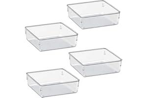 Acrimet Organizador de Cajón Modular, Bandejas de Almacenamiento en Caja para Oficina, Hogar, Maquillaje, Cocina, Cajón de Trastos (4 Piezas) (Plástico Transparente de Cristal)
