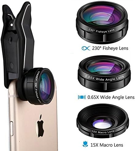 Universal 3 in 1 Cell Phone Camera Lens Kit, 230° Fisheye Lens + 0.65X Wide Angle Lens + 15X Macro Lens, Clip-on Phone Lens for iPhone 6/6s/6s Plus/se/7/7s Plus/8/X Samsung and most Android Smartphones