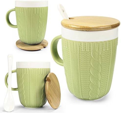 Urhome® Ceramic Cup in knit Pattern with wooden Lid & Spoon for Winter/Christmas, Elegant Tea Mug, Winter Coffee Mug |Mulled Wine Cup, Colour: Green