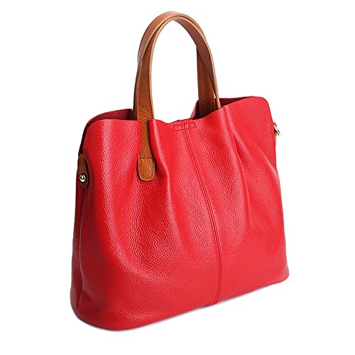 TOYU S Lady Women Handbag Genuine Leather Tote Shoulder Bag Bucket Ladies Purse Casual Shopping Bag Satchel Capacity Tote - Red