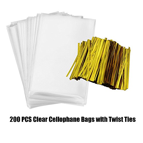 Löschen Sie Cellophan Taschen 200 Hochzeits Bevorzugungs Beutel Party Behandlungs-Beutel für Geschenk Plätzchen mit Gold-Twist-Krawatten - 2