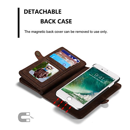 A9H iPhone 7 Multifunktions Hochwertigen PU Leder Handy Tasche mit Schutzhülle Handyhülle hülle und Geldbörse 2 in 1,Braun - 3