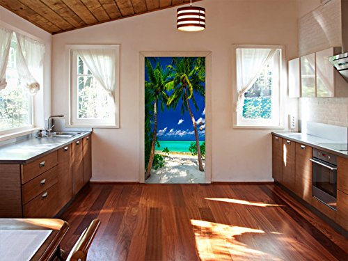 Türtapete Selbstklebend ! XL 80×210 cm ! Premium Vliesleinwand mit Samt Haptik! selbstklebende Premium Folie – leicht zu verkleben ohne Blasen ! Fototapete Tapete Türpanel Türposter Türaufkleber Türsticker Tür Foto Bild Design Sommer Natur Palme Meer grün beige blau c-B-0230-a-d - 3