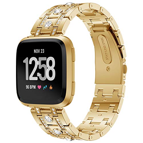 Preisvergleich Produktbild Für Fitbit Versa Armband, Purple Angel Fitbit Versa Ersatz Uhrenarmband Armbänder Zinklegierung Metall Band mit Glitzer Diamant Smart Watch Replacement Wrist Strap mit Metallschließe Bracelet für Fitbit Versa, Gold