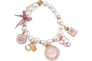 YJEMLE Pink Dog Pearl Collars Pet Necklace Princess Bow Necklace Sweet Pink Bow Cute Puppy Accessories Cat Jewelry Pearl Neck Strap for Cat Adjustable Dog Jewelry Collars(S)