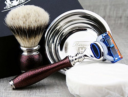 Haryali London 5Pc Mens Shaving Kit Safety Razor, Silver Tip Badger Hair Brush, Soap, Bowl and Alum Set For Men - Image 2