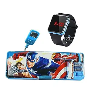 IZU Multipurpose Magnetic Pencil Box with Led Light Dual Sharpener for Girls & Boys +New Square Digital Watch (Avenger)